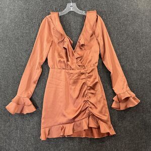 Majorelle Nelly Dress Women's Small Brown Satin Ruched Ruffle Mini Revolve
